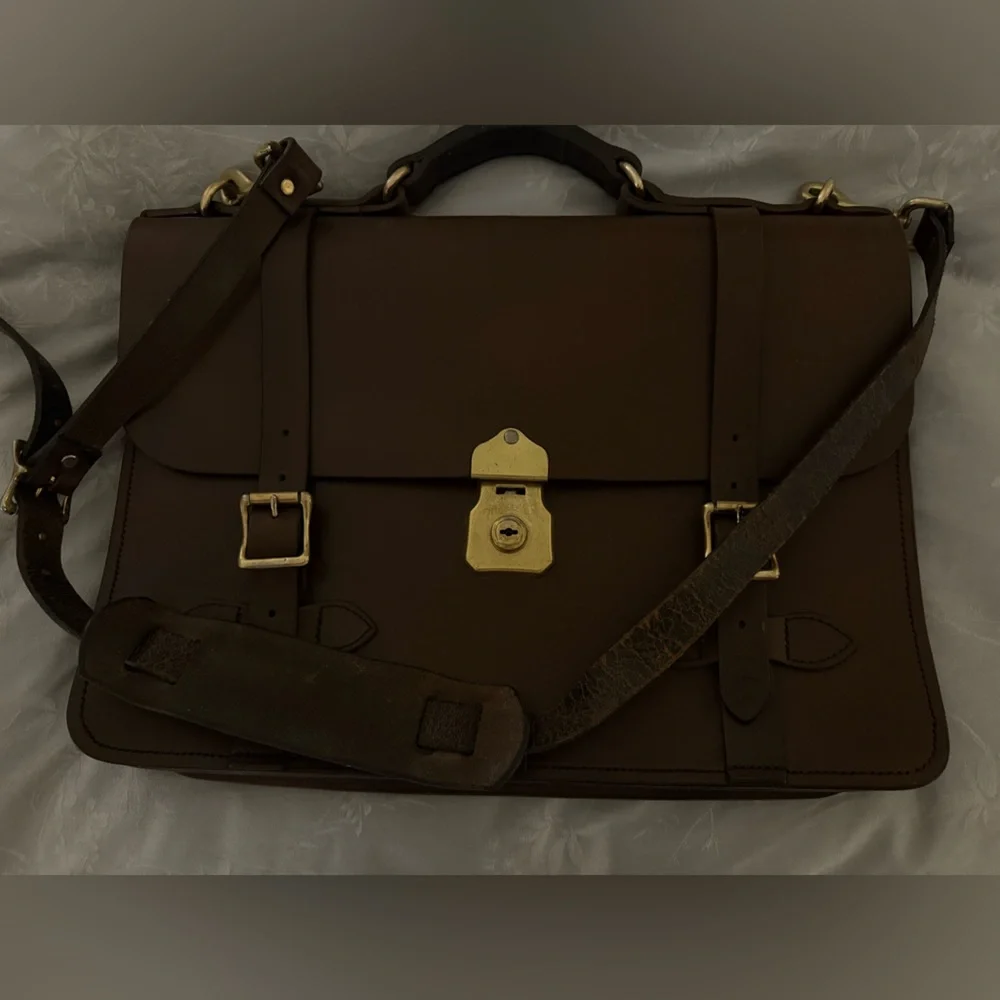 C C Filson Co Seattle Leather Brown Bridle Briefcase with strap.